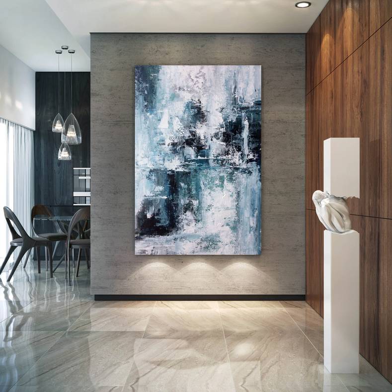 Bedroom Handmade Original Blue Painting White Abstract Canvas Wall Art BQR5H